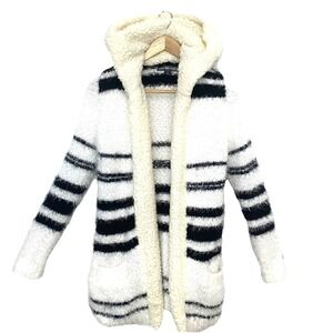 United States Sweater Open Cardigan Woman Large Eyelash Pockets Sherpa Trim Hood